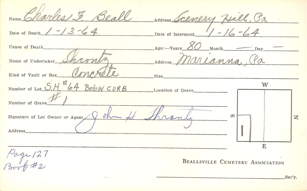 Charles F. Beall  burial card